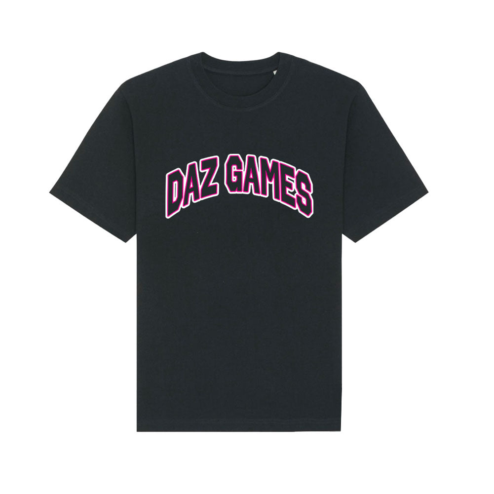 Black t-shirt with ’DAZ GAMES’ text in pink and blue gradient lettering across the chest.