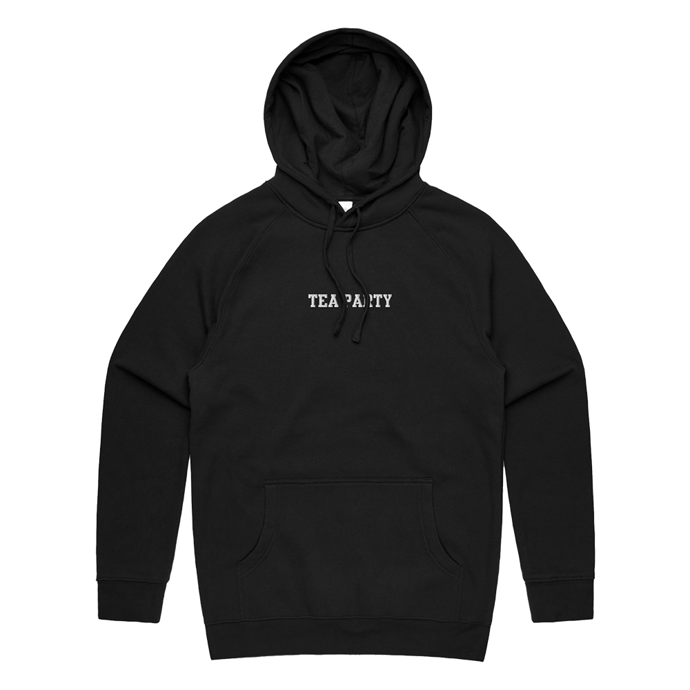 Black hooded sweatshirt with ’TEA PARTY’ text printed on the chest.