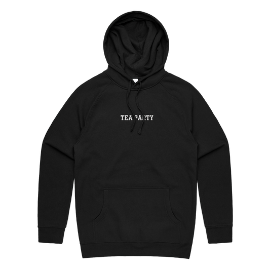 Black hooded sweatshirt with ’TEA PARTY’ text printed on the chest.