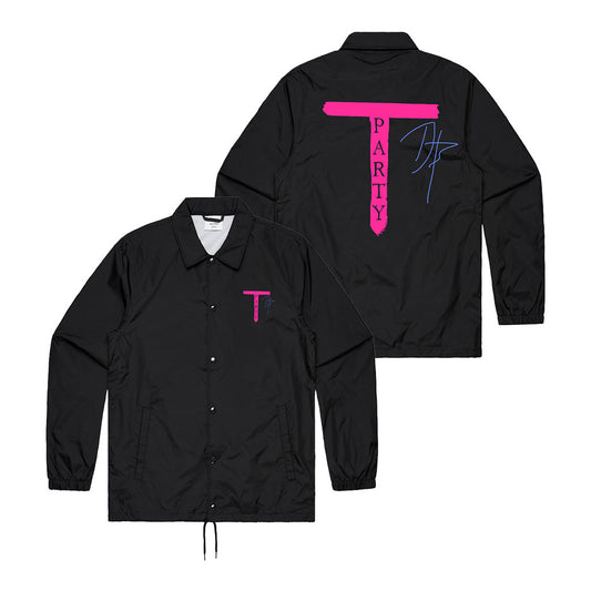 Black jacket with pink and blue ’T’ logo design on the back.