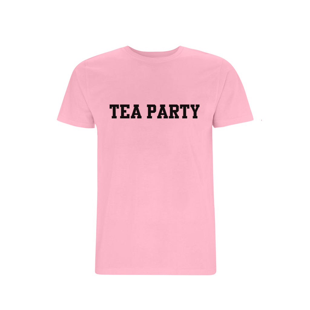 Pink t-shirt with ’TEA PARTY’ printed in black text on the front.